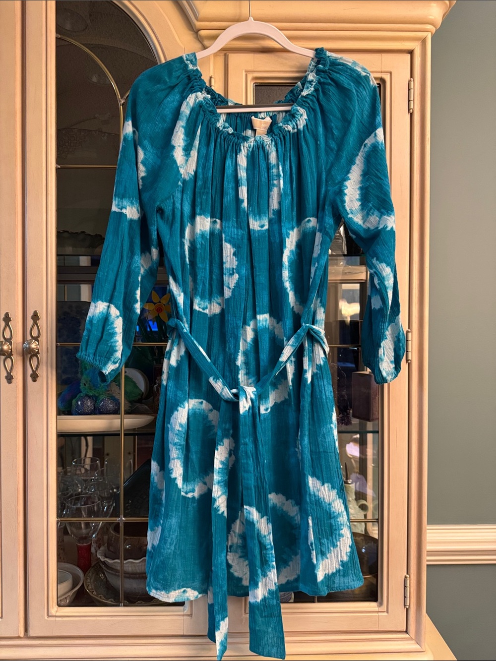 Michael Kors Teal and White Long Sleeve Tie-Dye Dress - Cotton Gauze
